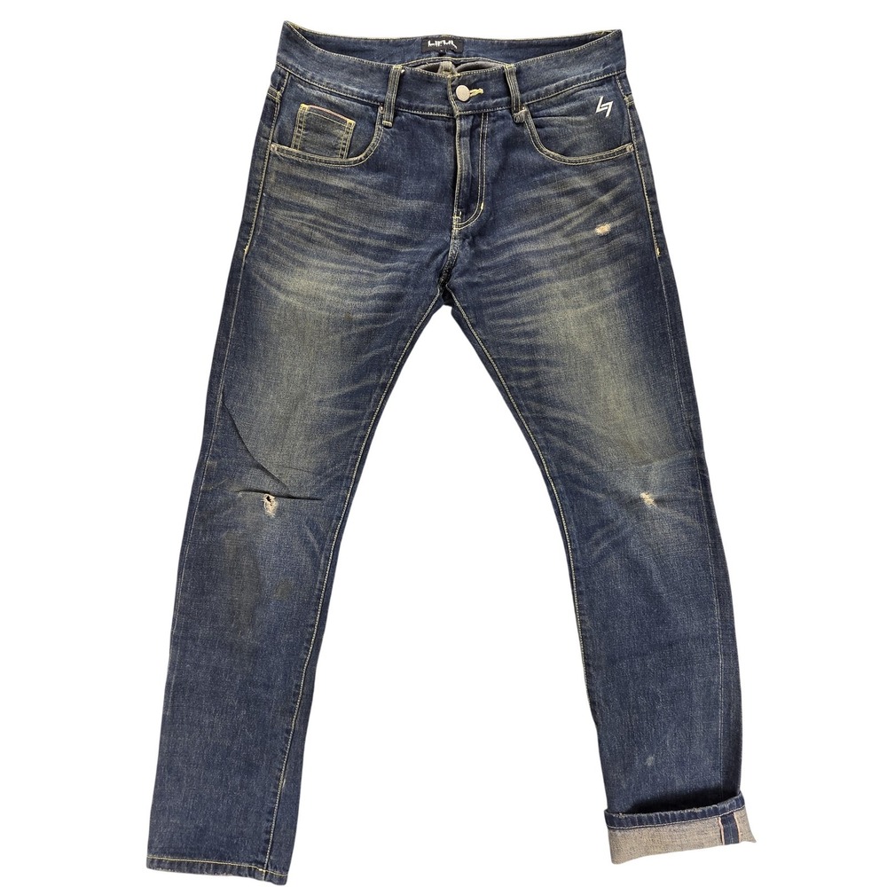 Selvedge Jeans Mens Blue Slim Tapered Distressed Fits 33x32